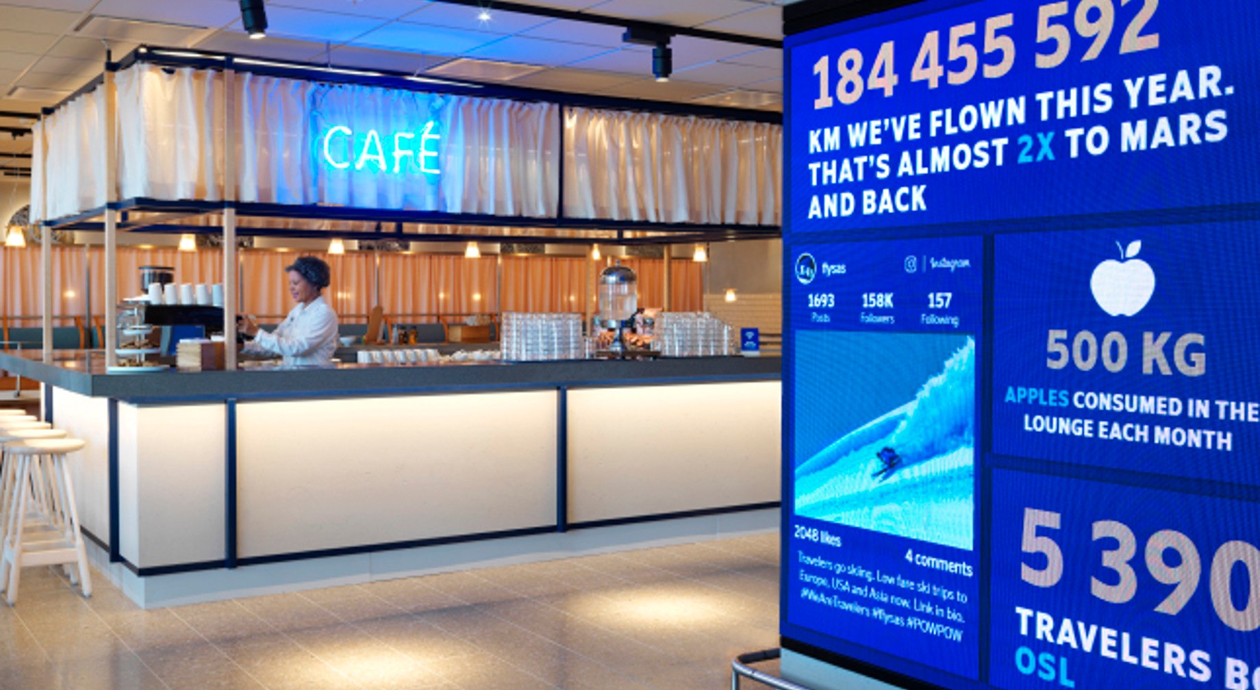 Kaféområde på flyplass-lounge med barista som lager kaffe; digitalt display viser flystatistikk, inkludert antall reisende og konsumert mengde epler.