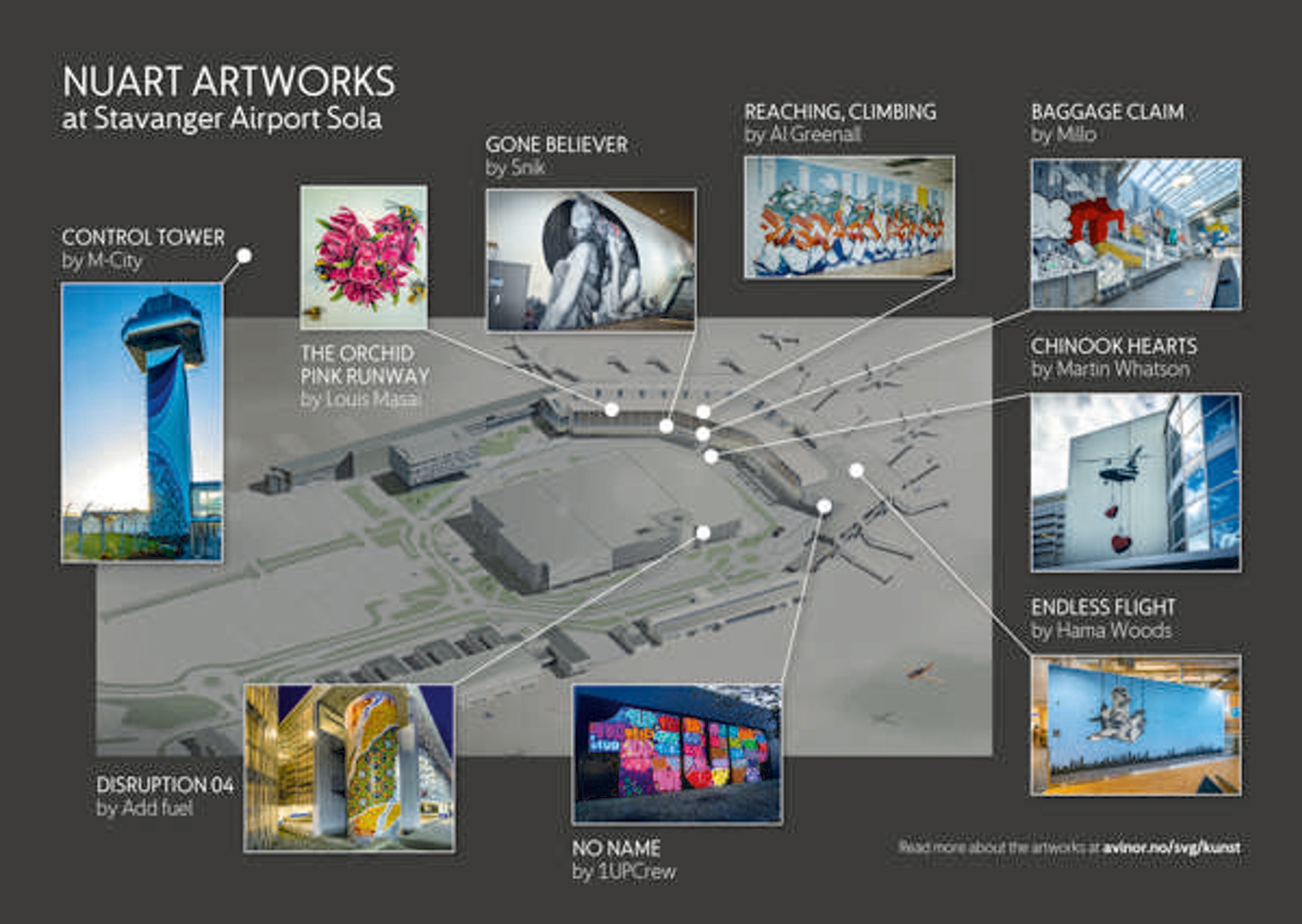 kart over hvor alle kunstverkene på stavanger lufthavn befinner seg'